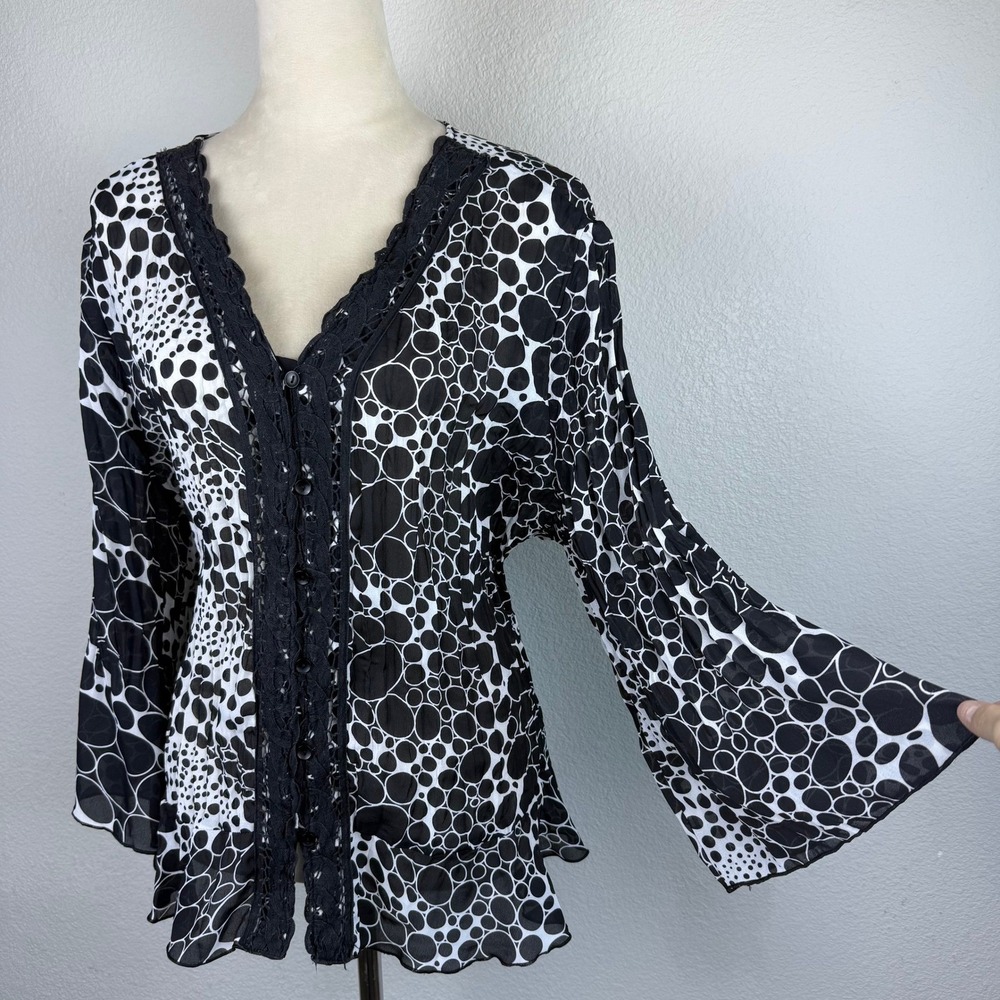 Vintage Piano Black White Sheer Polka Dot Blouse Bell Sleeve Lace Trim V Neck 1X